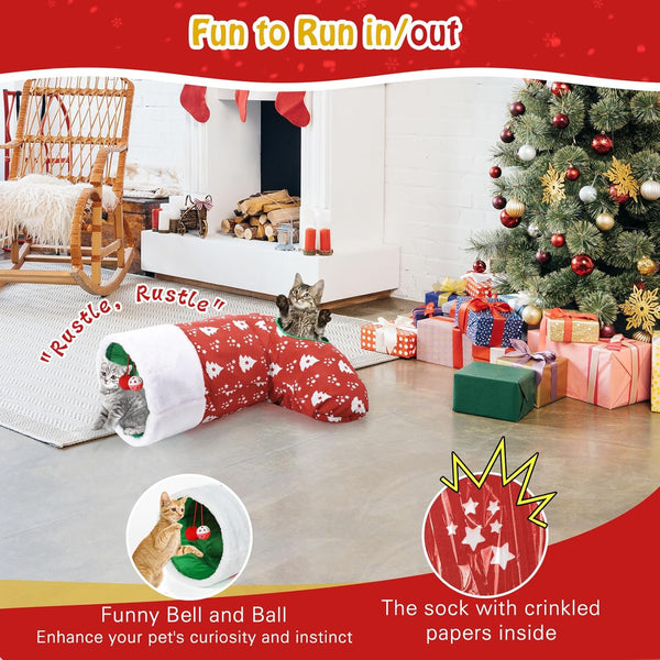 Pawaboo Christmas Cat Tunnel With Bell Balls - Crinkle Paper Interactive Toy With Spring-Steel Frame