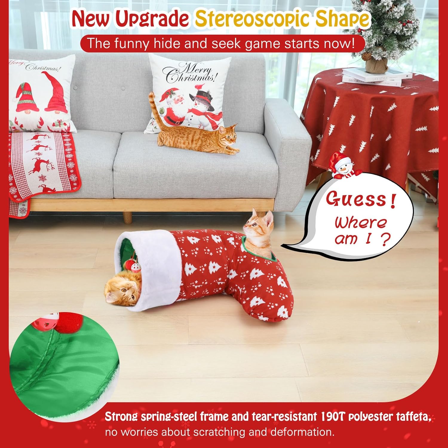 Cat Tunnel Christmas Sock with Bell Balls