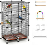 Pawaboo Bird Cage, 24.2''L x 16''W x 41''H Flight Cage with Slide-Out Tray, Waterer & Feeder, 360° Movable Metal Breeding Bird Cages with Stand & Perch for Parrot Parakeets Cockatiel Lovebird Finch