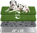 Pawaboo Stainless Steel Dog Grass Pad with Tray, 28'' x 20'' Dog Litter Box with 2pcs Reusable Artificial Grass Mats, Puppy Potty Tray with Washable Pee Pad, Silver + Green
