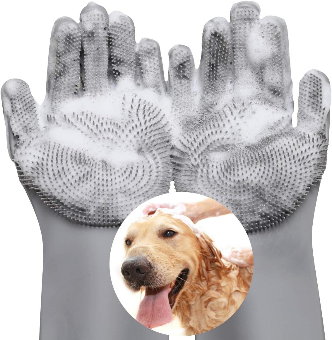 Magic Pet Grooming Gloves, Dog Bathing Shampoo Gloves with High Density Teeth, Heat Resistant Silicone Pet Hair Remover Brush for Cat & Dogs, Gray