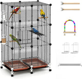 Pawaboo Bird Cage, 24.2''L x 16''W x 41''H Flight Cage with Slide-Out Tray, Waterer & Feeder, 360° Movable Metal Breeding Bird Cages with Stand & Perch for Parrot Parakeets Cockatiel Lovebird Finch