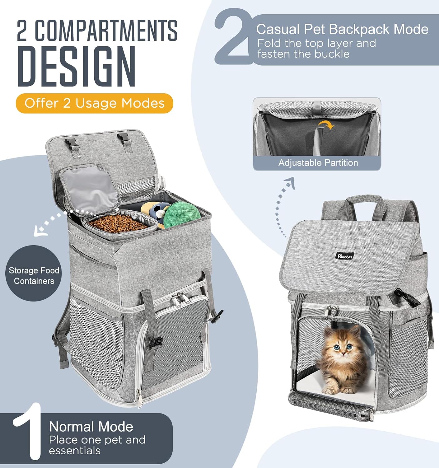 Large Pet Carrier Backpack, Cat Backpack or Small Dog Backpack for Travel , Cat Carry Bag with Food Container & Super Ventilated Design, Perfect for Traveling/Hiking/Camping,Gray