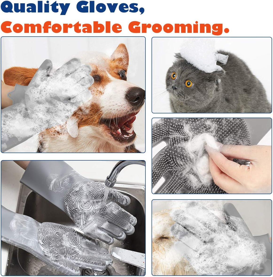Magic Pet Grooming Gloves, Dog Bathing Shampoo Gloves with High Density Teeth, Heat Resistant Silicone Pet Hair Remover Brush for Cat & Dogs, Gray