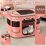 Dog Playpen, Portable Pet Cat PlayPen, 600D Oxford Dog Kennel Tent Crate, Waterproof&Breathable, Indoor Outdoor Travel Camping for Medium/Large Breed with Carrying Case+Bowl(M), Light Pink Flowers