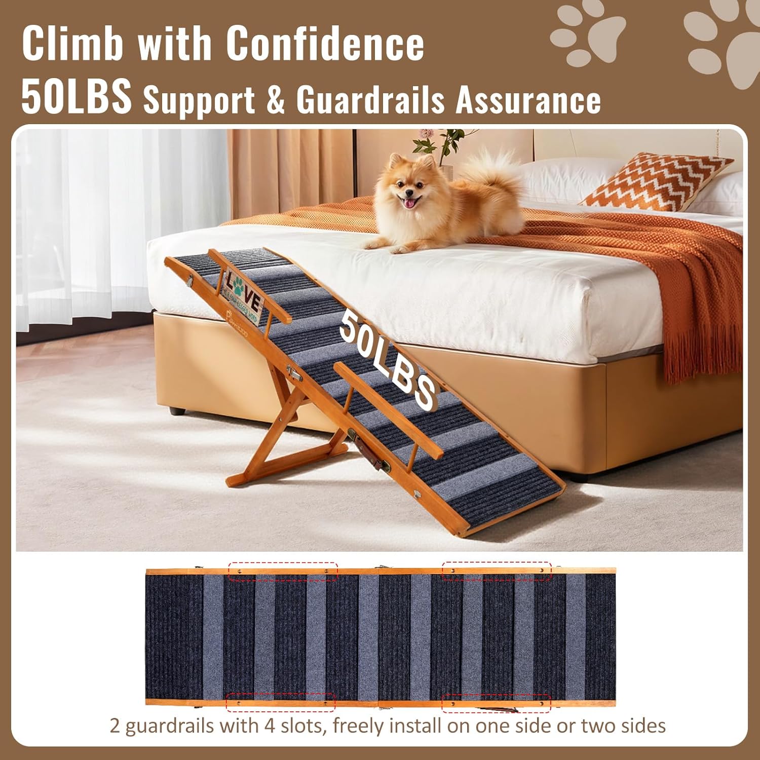 Collapsing Dog Ramp Pawaboo Dog Ramp for Small Dog, 57'' Foldable Dog Ramp for Bed, 5 Adju