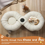 Pawaboo 2-in-1 Cat Tunnel Bed for Indoor Cats, 8-Shaped Large Cat Tunnels with Plush Cushions, Foldable Cats Cave Hideout Kitty Toys with Fluffy Balls, Donut Tunnel for Kitten Rabbit Ferret,Beige