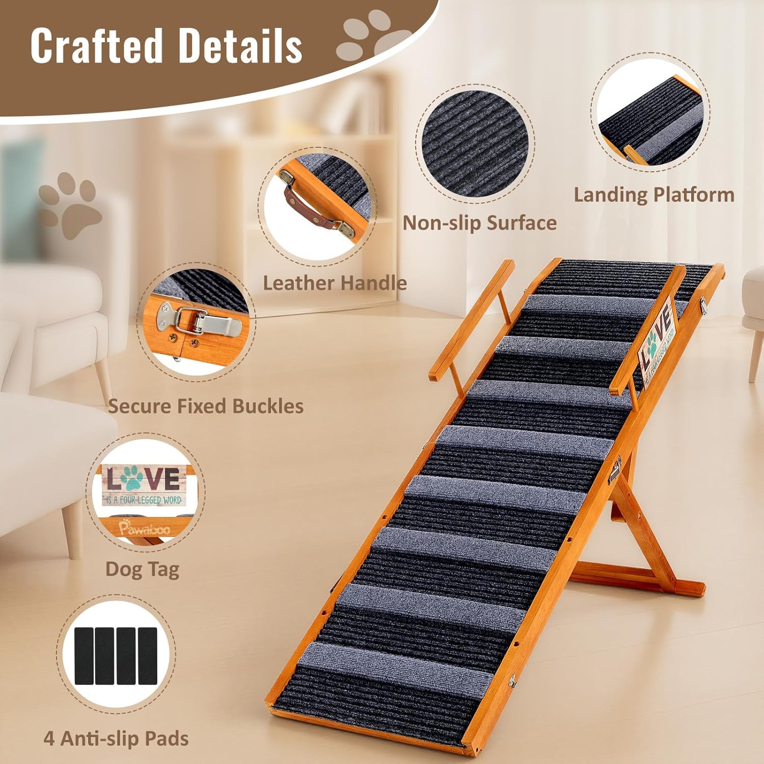 Pawaboo Dog Ramp for Small Dog, 57'' Foldable Dog Ramp for Bed, 5 Adju