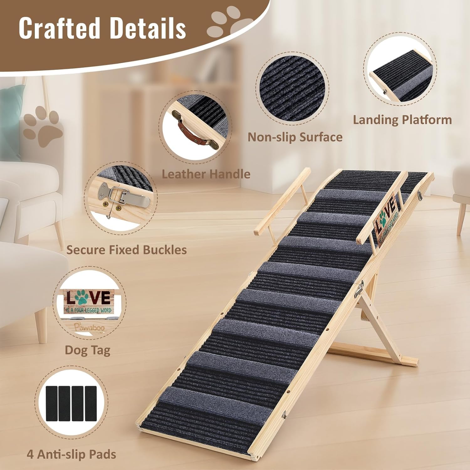 Pawaboo Dog Ramp for Small Dog, 57'' Foldable Dog Ramp for Bed, 5 Adju