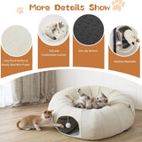 Pawaboo 2-in-1 Cat Tunnel Bed for Indoor Cats, 8-Shaped Large Cat Tunnels with Plush Cushions, Foldable Cats Cave Hideout Kitty Toys with Fluffy Balls, Donut Tunnel for Kitten Rabbit Ferret,Beige