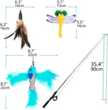 Pawaboo Cat Feather Toys, 4 Pack Interactive Cat feather Teaser Wand Toys, Retractable Fishing Pole Wand Catcher Exerciser with Refill Fish, Dragonfly Worm with Bells, Fun Cat Kitten Kitty Playing Toy