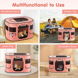 Dog Playpen, Portable Pet Cat PlayPen, 600D Oxford Dog Kennel Tent Crate, Waterproof&Breathable, Indoor Outdoor Travel Camping for Medium/Large Breed with Carrying Case+Bowl(M), Light Pink Flowers